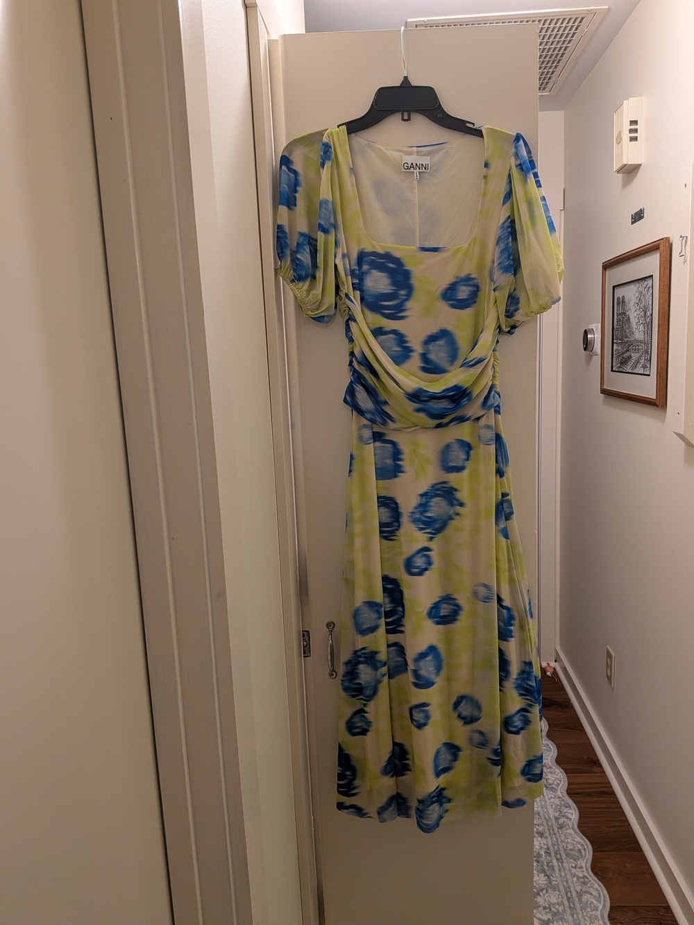 GANNI Green & Blue Printed Mesh Midi Dress Blue Floral Size Europe 36 (US 4)